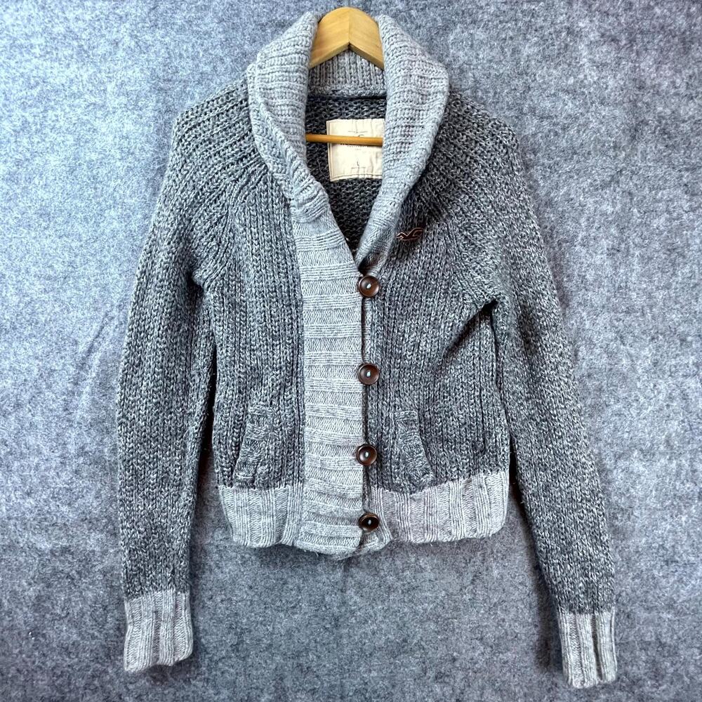Hollister Cardigan Sweater Womens Large Gray Y2K Wool Chunky Knit Shawl Collared